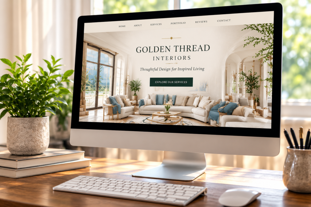 Golden Thread Interiors website displayed on a desktop monitor, showcasing custom WordPress website design.
