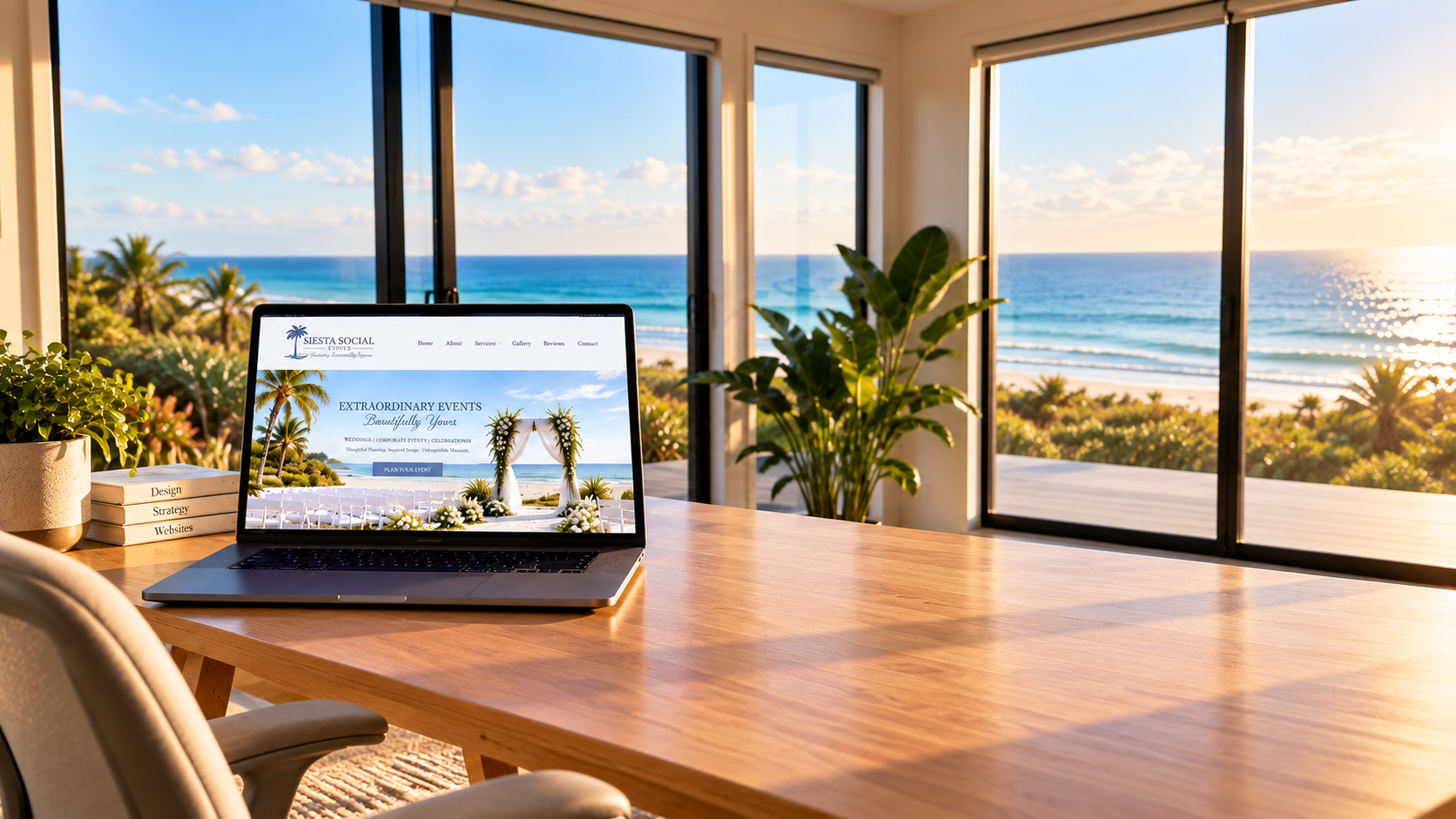 Coastal Click Studio website design workspace featuring a laptop displaying the Siesta Social Events homepage, overlooking a sunny Florida beach.